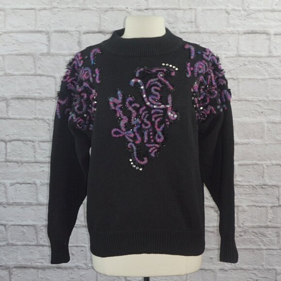 Vintage 80s Embroidered Beaded Rhinestone Embellished Cotton Sweater Large - Picture 1 of 7